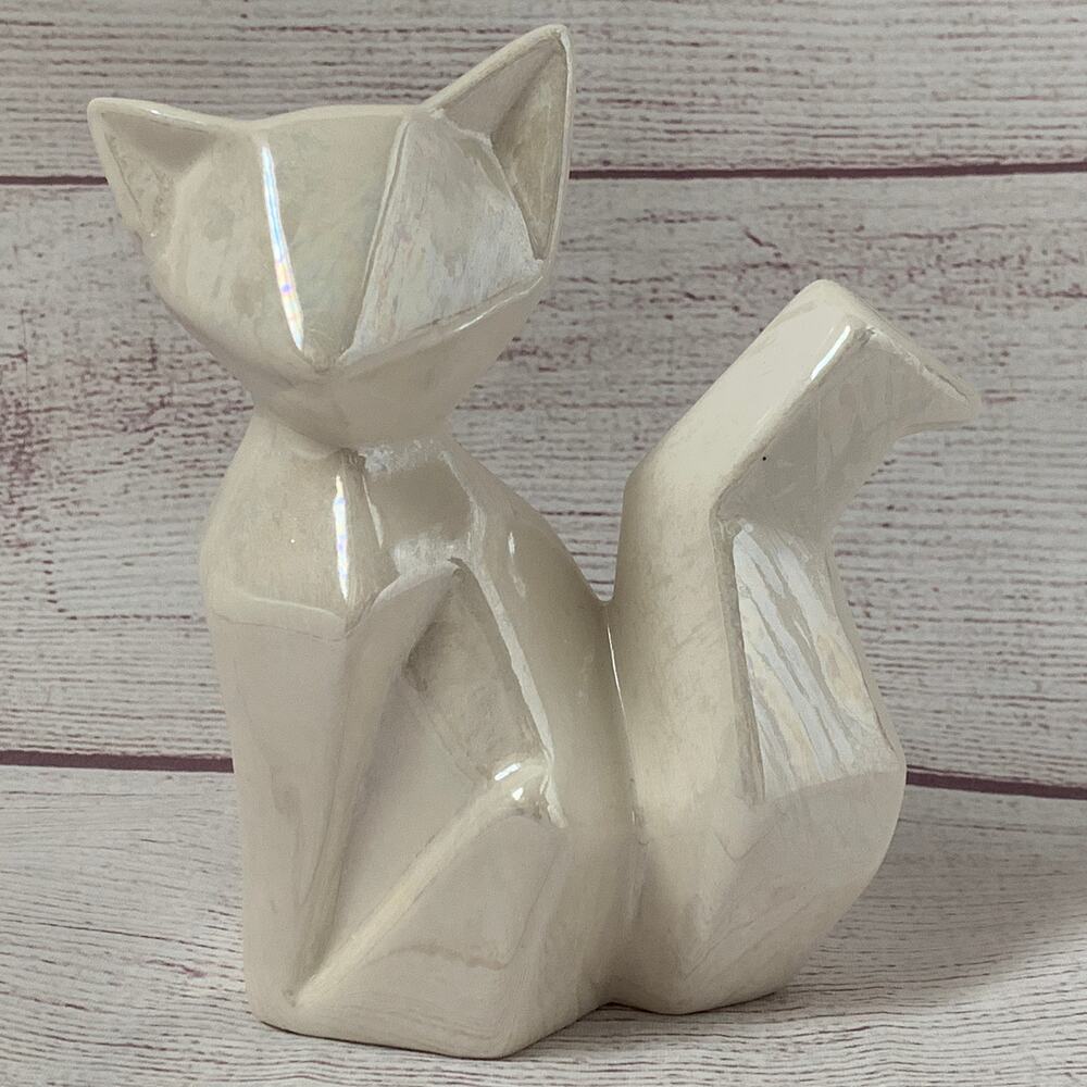 Iridescent Fox Figurine White Pearly Ceramic Woodland Animal 5 1/2"H
